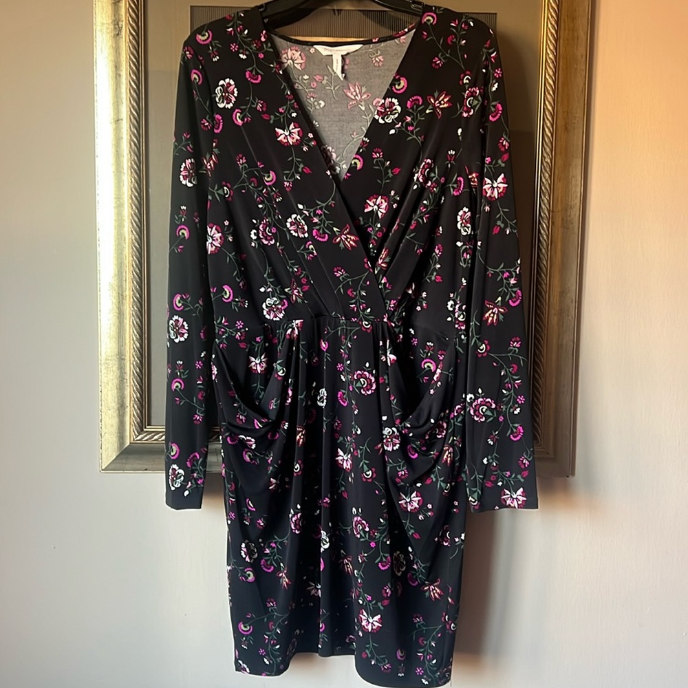 BCBGeneration Black Floral Faux Wrap Dress Medium